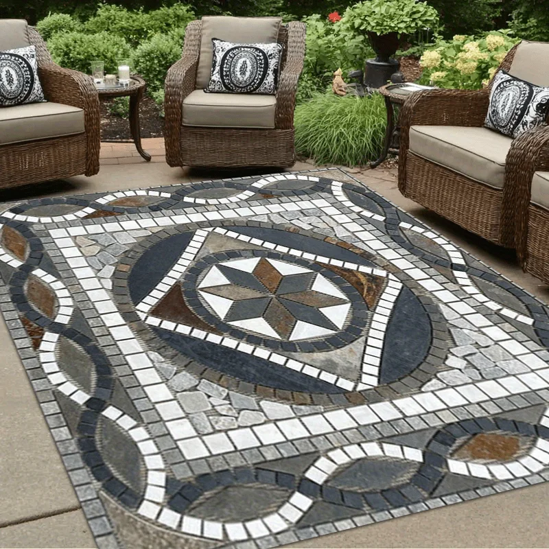 Bohemian Style Outdoor Carpet Marble Print Retro Decorative Pad Retro Flooring Provides Soft Texture Suitable Terrace Carpets