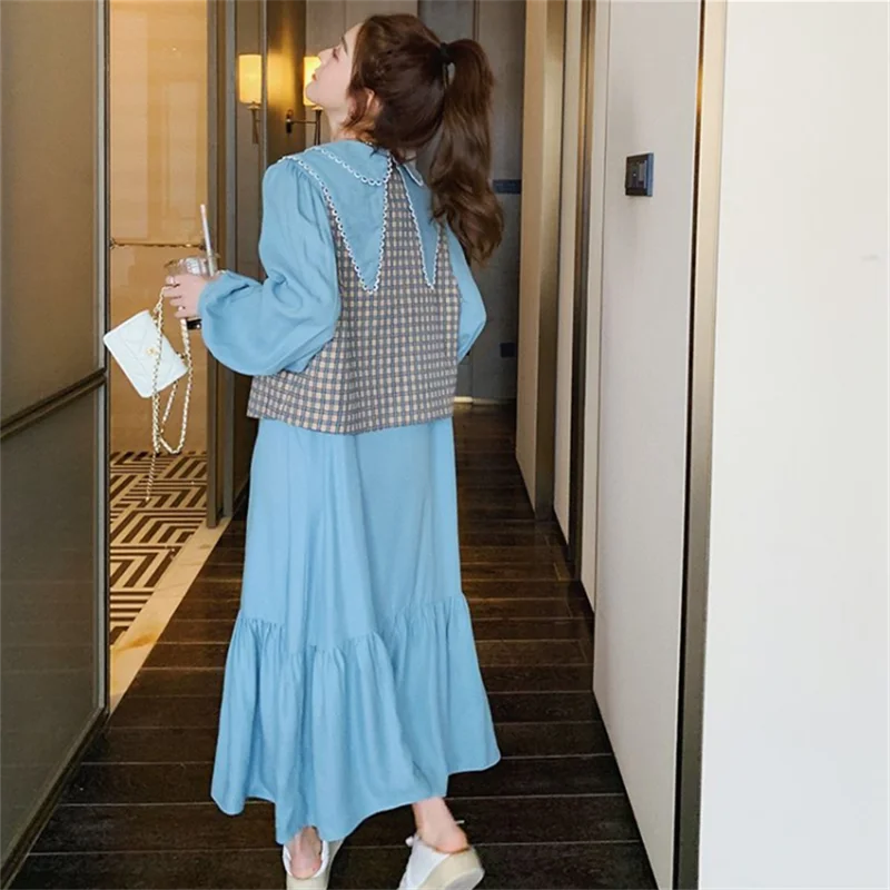 2023 Autumn Women Plaid Vest Coat and Blue Dress Two Piece Sets Elegant Korean Style Loose Long Sleeve Casual Maxi Dresses 6981