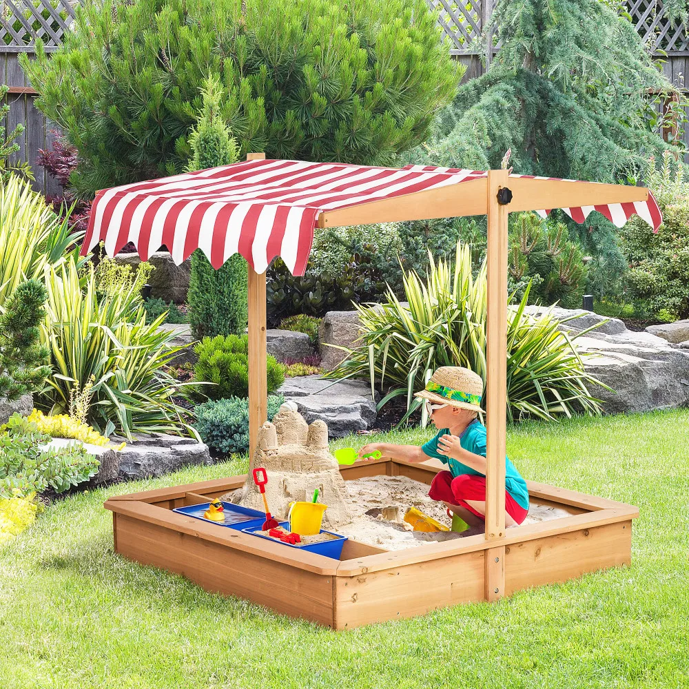 Kids Wooden Sandbox, Children Sand Play Station Outdoor, with Adjustable Height Cover, Bottom Liner, Seat, Plastic Basins