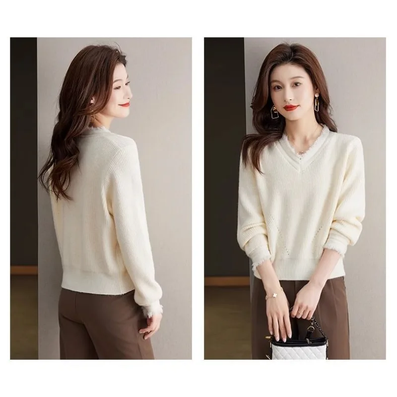 سترة نسائية بلون سادة برقبة على شكل حرف v قميص نسائي فضفاض قصير موديل خريف 2025 قميص قاع سميك على الموضة لخريف جديد #6