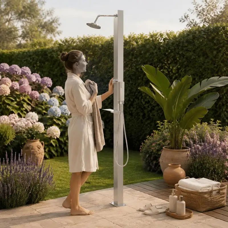 Douche extérieure en acier inoxydable droite, douche de jardin pour camping, terrasse, piscine, design moderne, installation facile, tuyau de 1,5 m, pommeau de douche avec support, noir