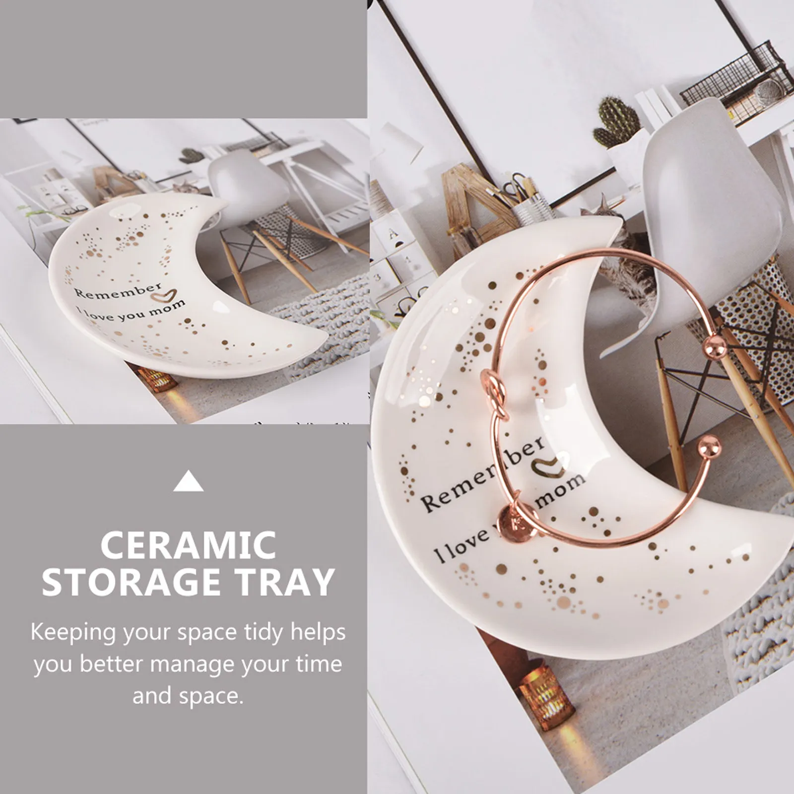 

1Pcs Ceramic Jewelry Plate White Decorative Organizer Sundries Tray Multipurpose Moon Shape Storage Holder for Home