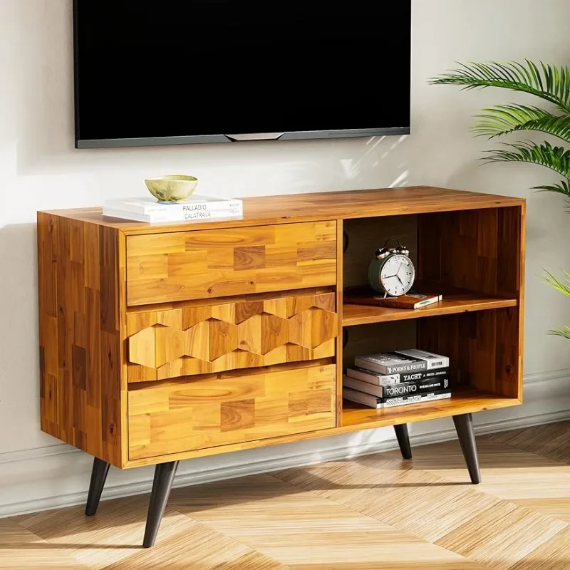 

Teak Entertainment Center with Storage-Geometric Pattern Media Console for Living Furniture TV Cabinet for 45" TV