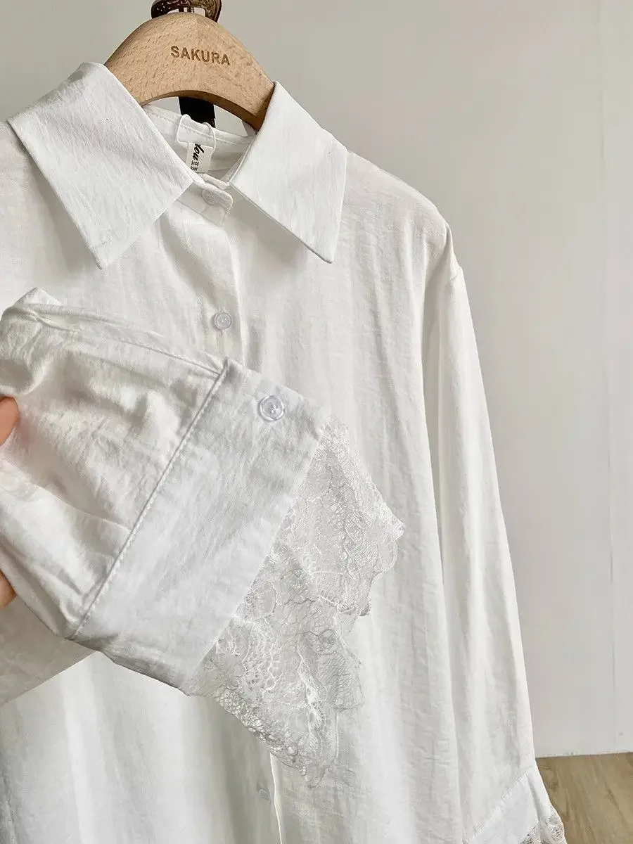 Camicia francese elegante in pizzo gotico da donna Camicetta nera a maniche lunghe primavera autunno con cintura Top chic coreani vintage slim fit Novità