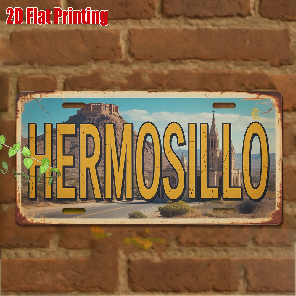 Placa Decorativa de Metal Vintage con Diseño de Matrícula de Hermosillo, Ciudad de México - Decoración de Pared para Hogar, Oficina, Bar o Cuarto de Hombre