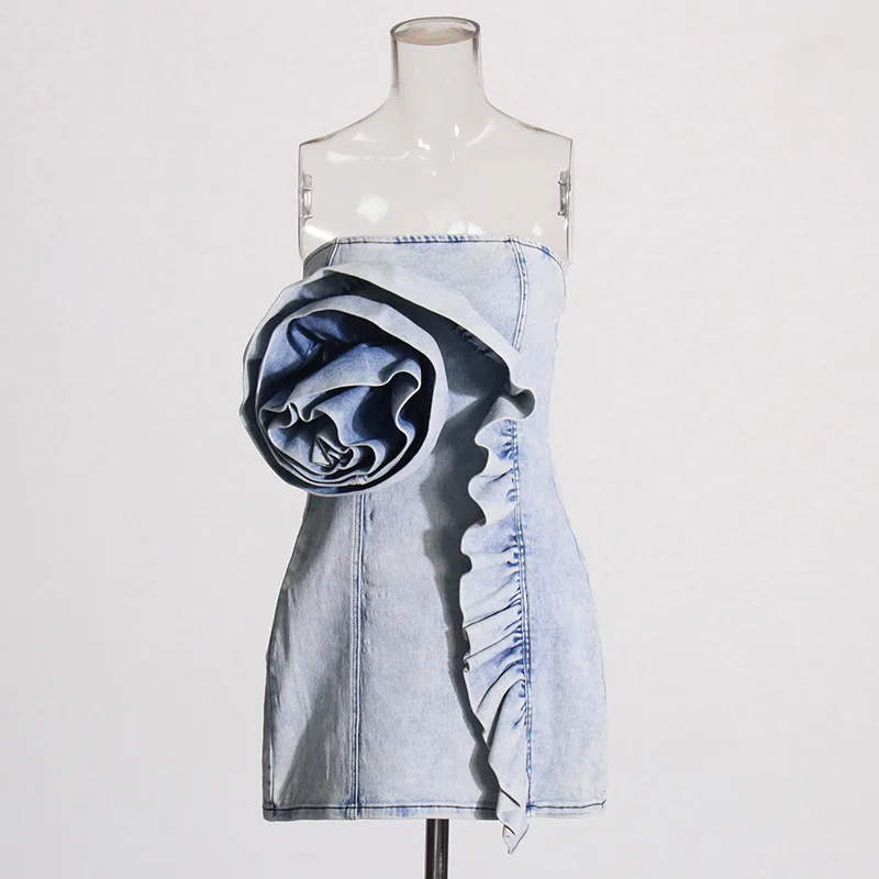ANJY 2025 Summer New Women's High Street Fashion Original Deslgn Sexy Pleated Ruffles Strapless Slim Fit Short Denim Dress A7119
