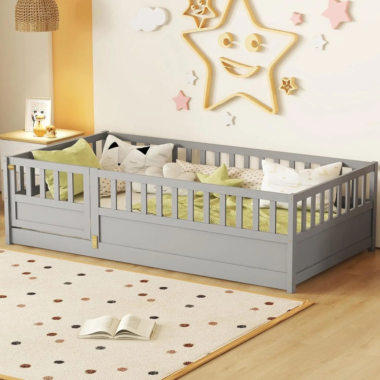 Floor Bed with High Fence, Door and Slats, Kids Bed Twin Size, Wood Montessori Bed for Kids, Girls, Boys, Gray Montessori Floor