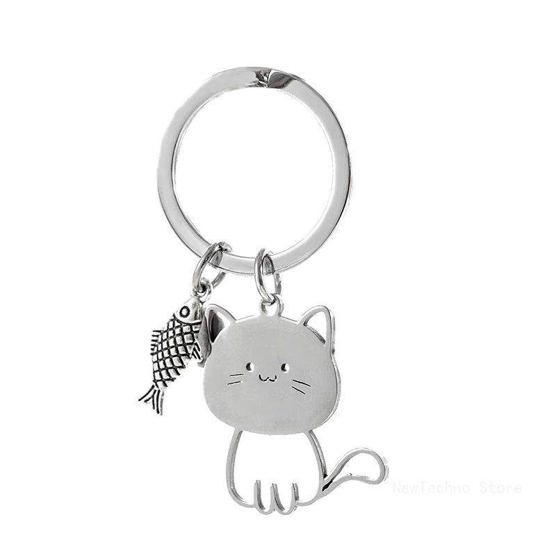 Funny Cartoon Cat Fish Keychain Couple Lovers Stainless Steel Keyring Lovely Pendant Key Chain Valentine's Day Gift Jewelry