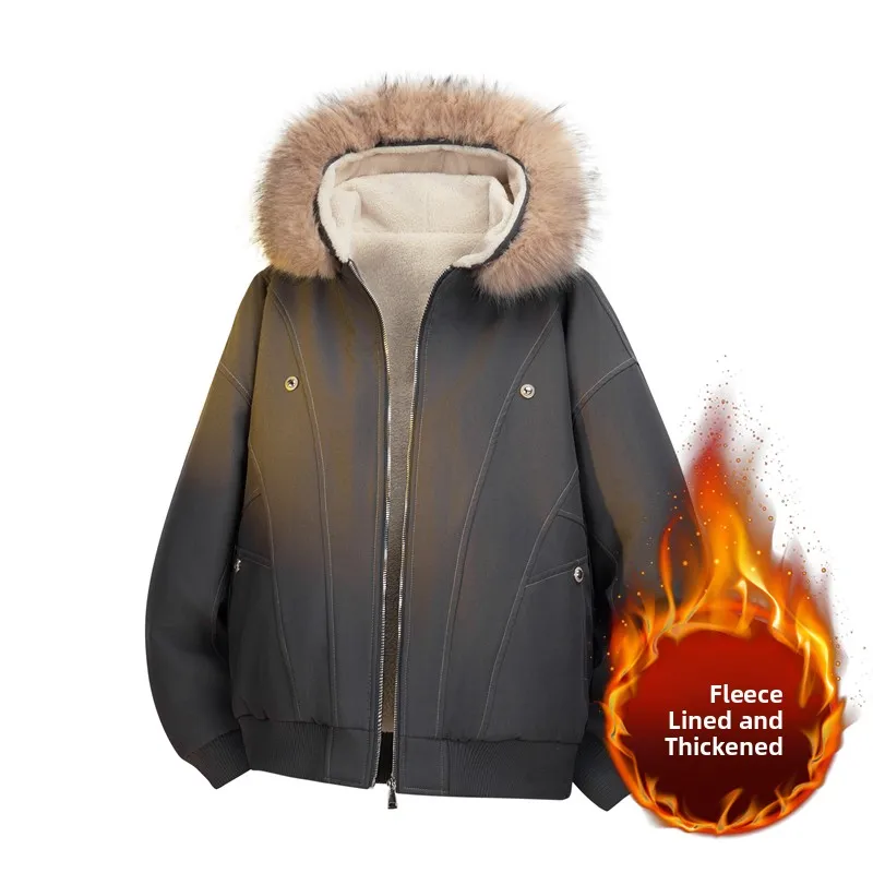 

Thickened Fleece Lined Hooded Parka Jacket Men's Retro American Style Coat Large Fur Collar Warm Outerwear Casual Youth Fashion