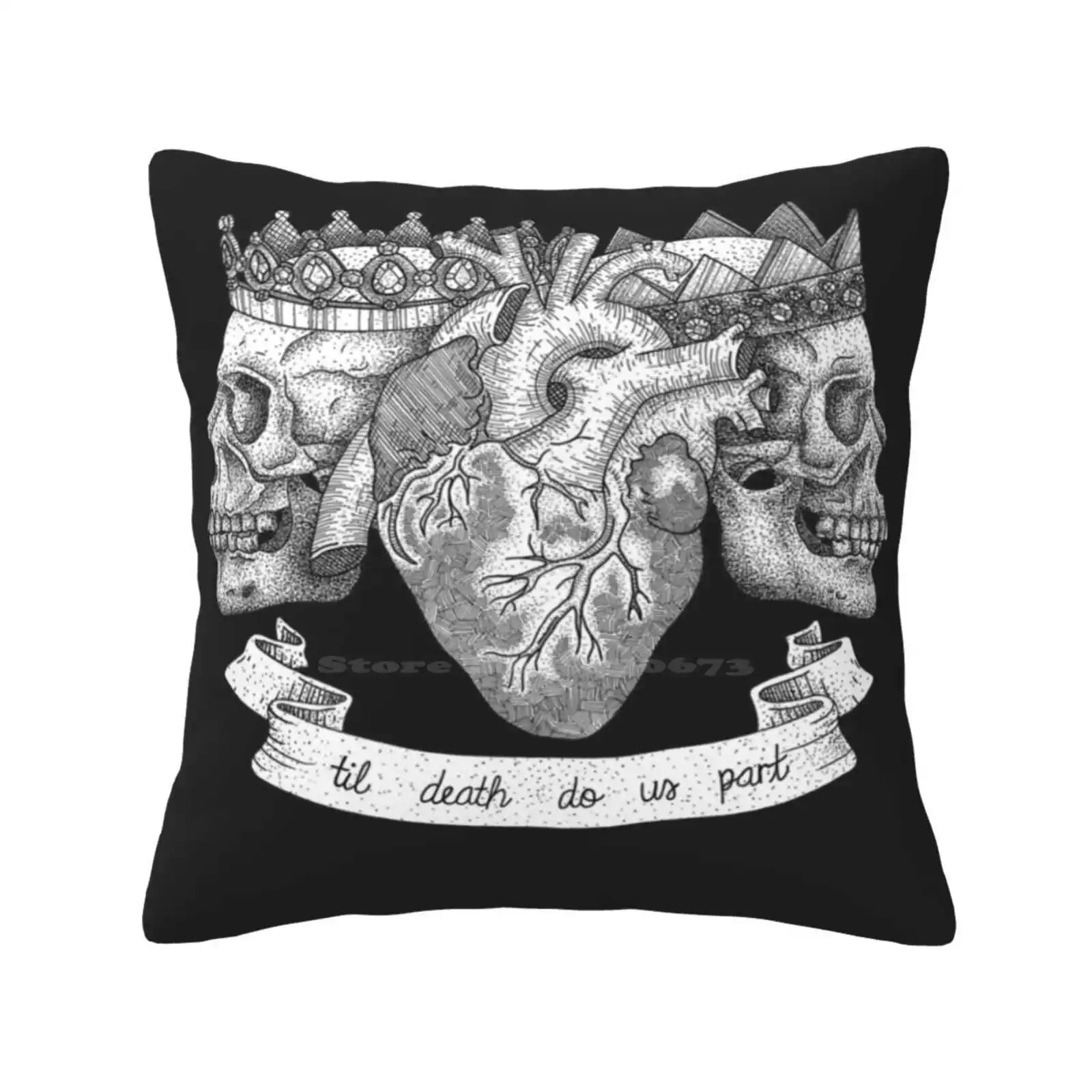 Til Death Do Us Part , Life And Death Illustration Pillowslip Pillowcase Ink Black White Grey Tattoo Death Skull Heart Pen Line