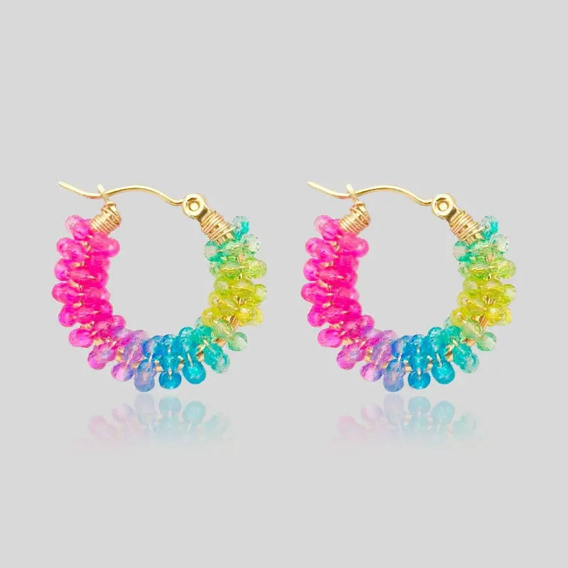 Beaded earrings Circle Rainbow Gradient Bohemia Entangle Crystal Hand knitting Alloy Tide Simple Rice bead earrings