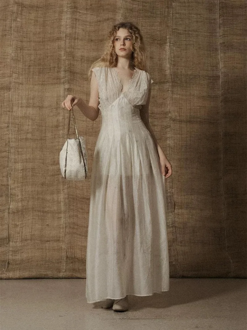 2025年フランス風ロマンティックレースマキシドレス、ダンス風ロングイブニングドレス、花柄刺繍入りエレガントなウェディングゲストドレス