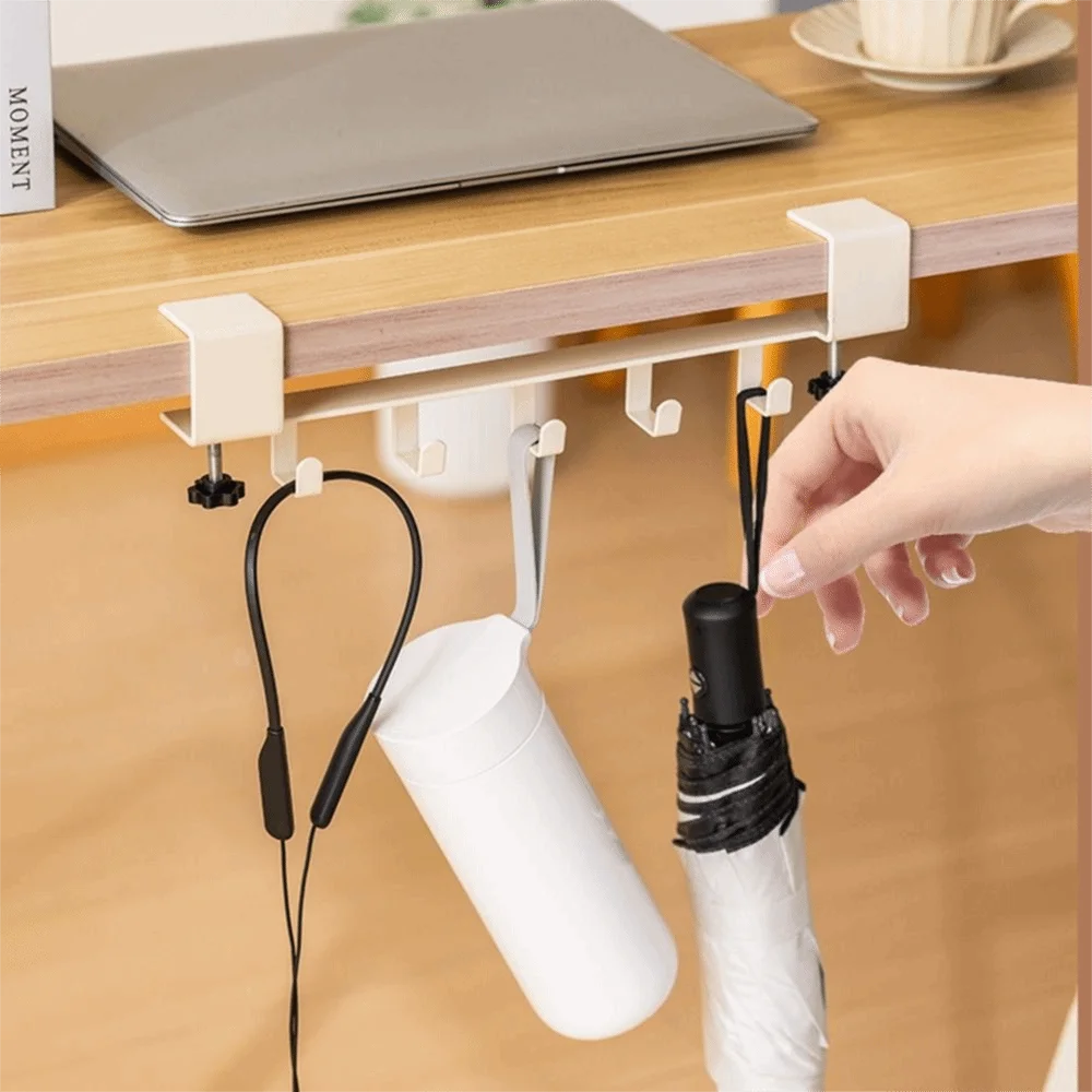 Carbon Steel Desk Side Mount Hook Adjustable Removable Desk Edge Backpack Holder 5 Hooks No-Drill Hanging Handbag Shelf