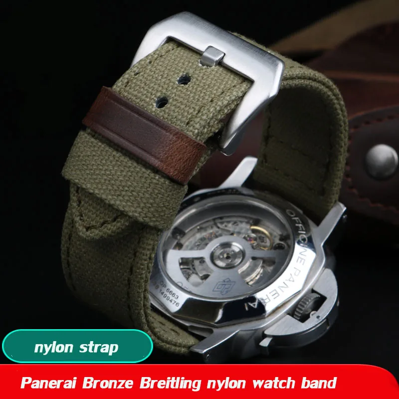 Double Sided Canvas Watch Band For Panerai Fossil Breitling Universal Men's Rough Soft Nylon Watch Strap 24mm green Accessories