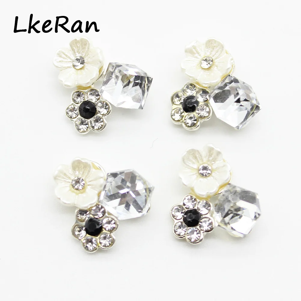 LKERAN 10Pcs 14x15mm Creative Crystal Flower Button For Clothing Flat Back Metal Wedding Decorative Accessories