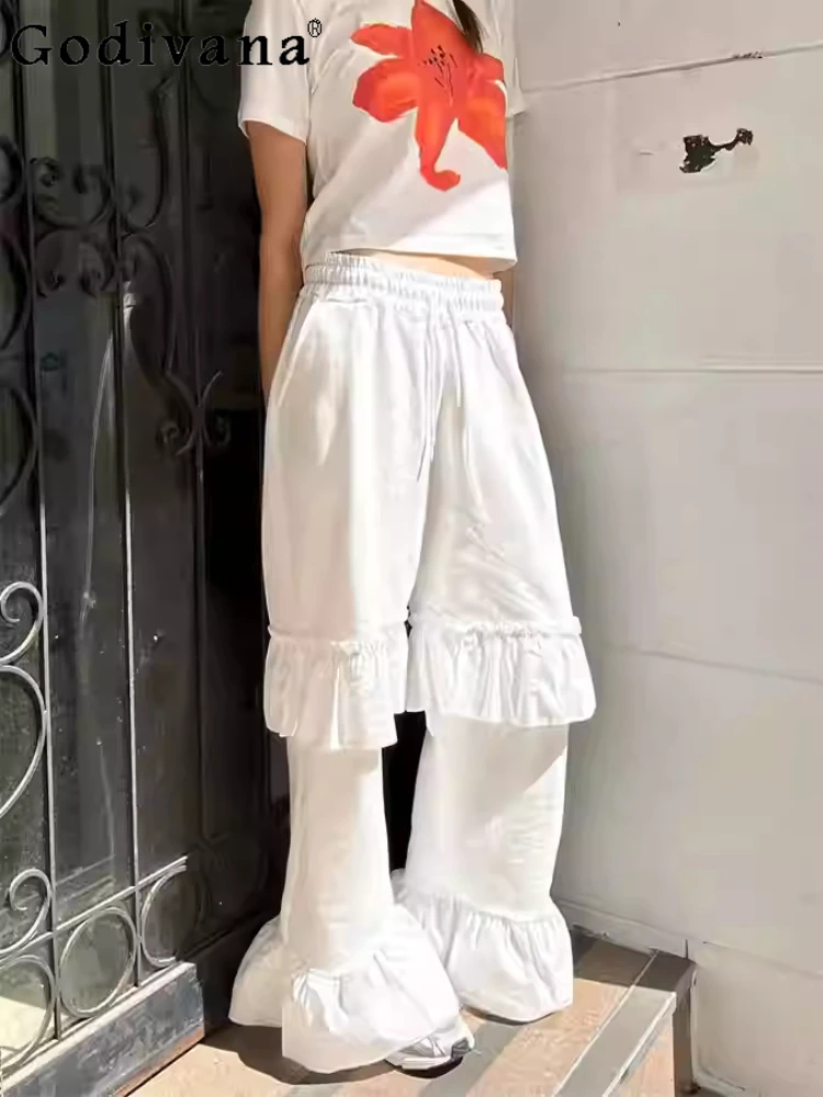 

Korean Street Chic Ruffles Personalized Elastic Waist Loose Leisure Pants Versatile Age Reduction Solid Color Straight Trousers