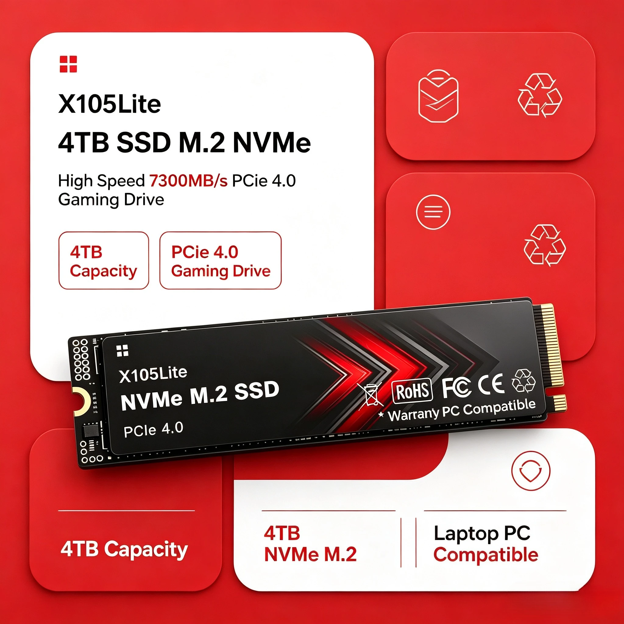X105Lite 4TB SSD M.2 NVMe Internal Solid State Drive High Speed 7300MB/s PCIe 4.0 Gaming Drive Works for  Laptop PC Hard Disk
