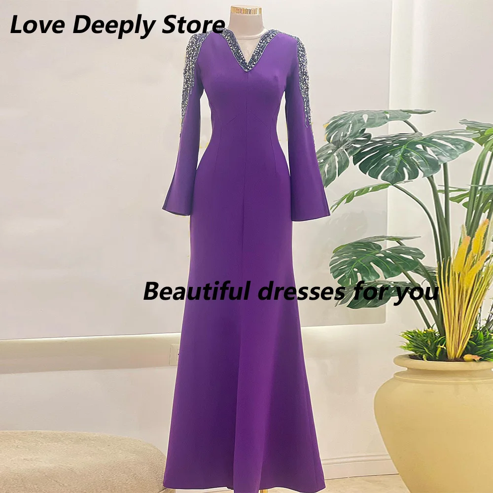 

Фиолетовое вечернее платье по индивидуальному заказу с v-образным вырезом и длинными рукавами, горным хрусталем, платье русалки для выпускного вечера, роскошные хрустальные вечерние платья в Саудовской Аравии