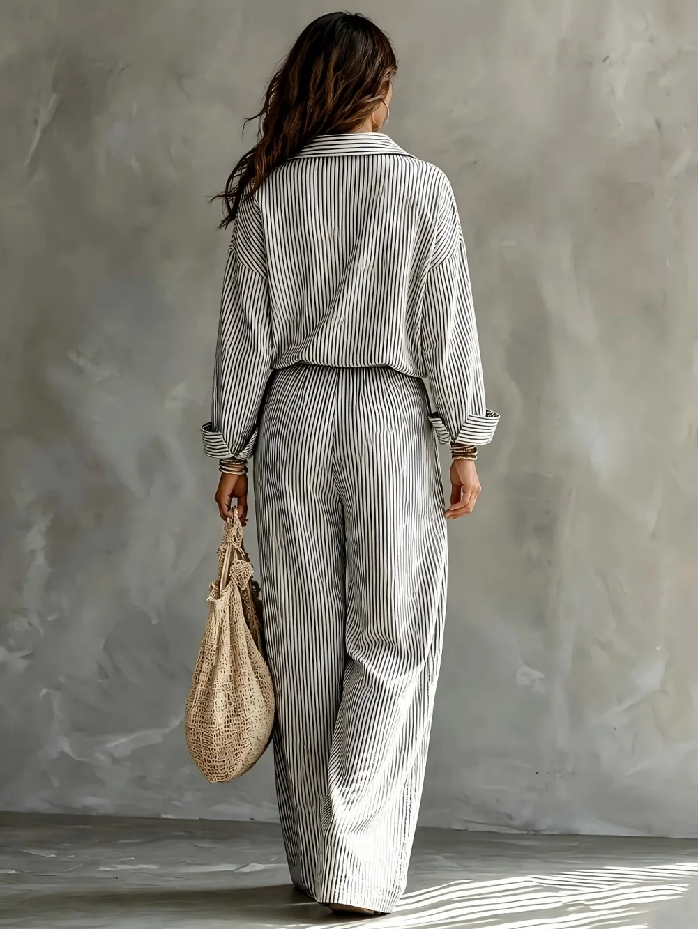 Elegantes Damen-Freizeitset mit gestreiftem Hemd und Hose, modisches Tweed-Look-Outfit für Frauen – Detail 2