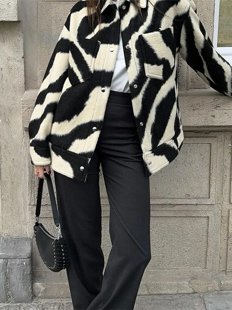 

Autumn Color Blocked Zebra Print Single Breasted Jacket Casual Long Sleeved Pocket Women's Coats Commut Office Street Outerwears