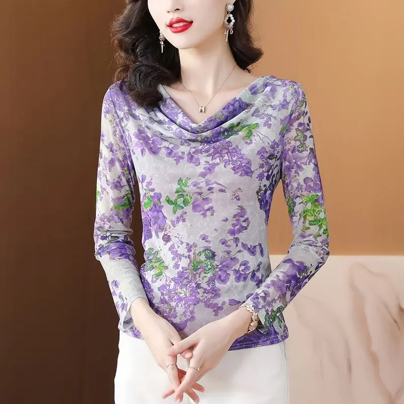 New Skin Yarn Elastic Mesh Printed Slimming and Versatile Lace Long Sleeve Temperament T-shirt with Stylish Colors and Dopamine