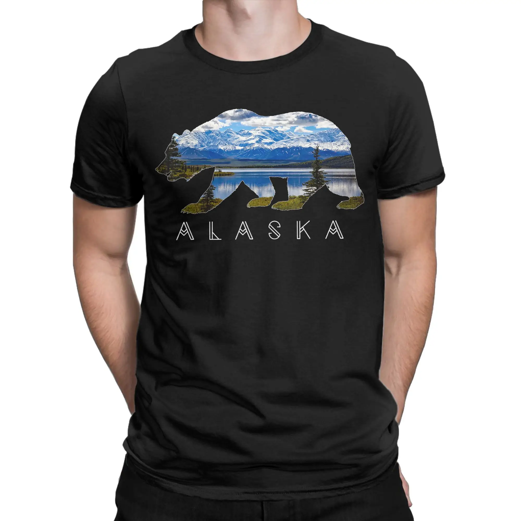 Alaskan Bear Moose Eagle Lake and Mountain Aurora Borealis T Shirts Men Cotton T-Shirt Round Neck Tee Shirt Short Sleeve Clothes