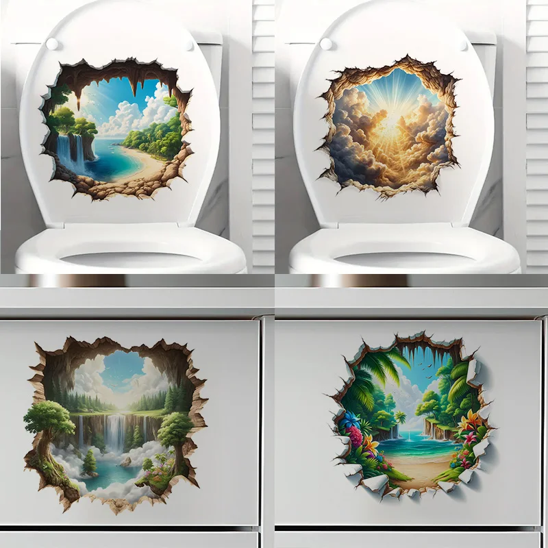 

T2064#3D Paradise Toilet Stickers Decoration for Living Room, Wall, Bedroom, and Home Decor Car Decals Self-Adhesive