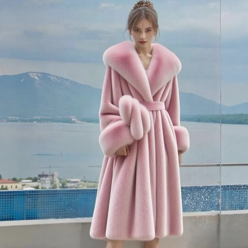 European and American New Winter Environmentally Friendly Fur Coat Coat Women's Long Big Fur Collar Fashion Thickened Fur Coat