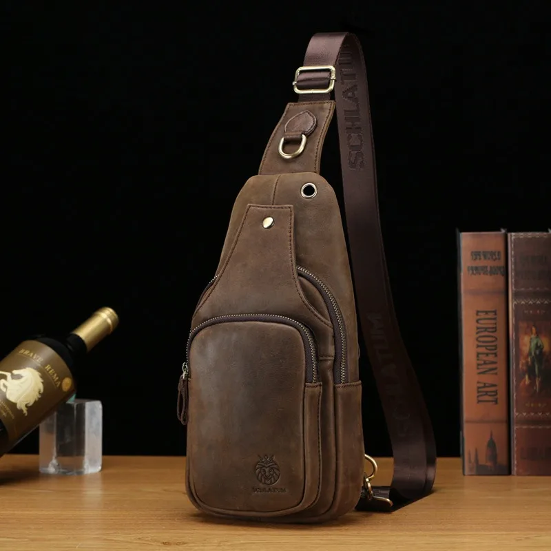 

Genuine Leather Chest Bag Casual Triangle Crossbody Design Travel Shoulder Backpack Men Leather Multifunctional Bag