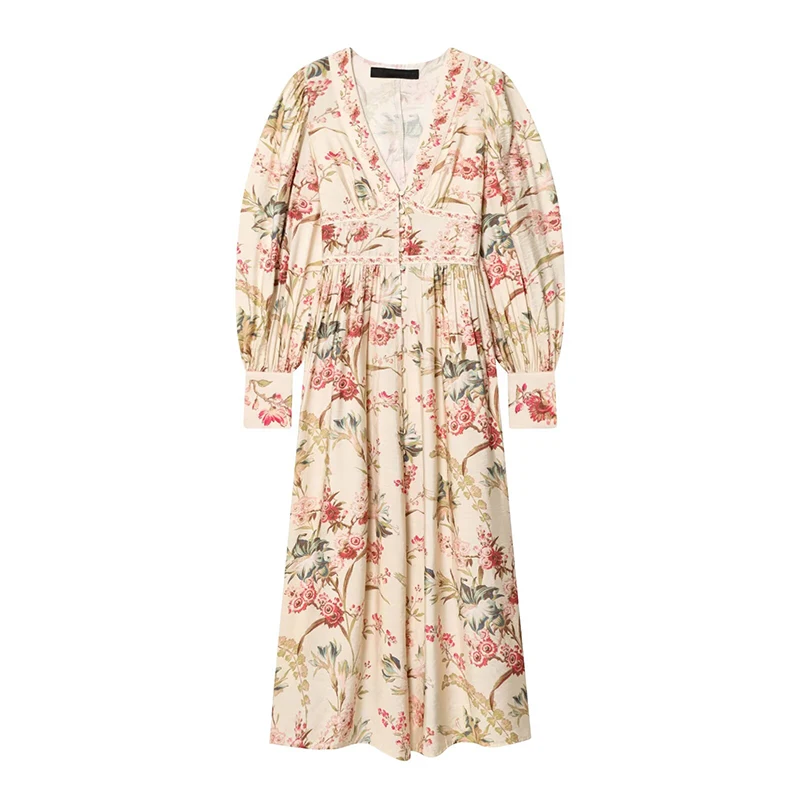 

Новое женское винтажное платье YENKYE 2026 с пышными рукавами, V-образным вырезом, цветочным принтом, на пуговицах спереди, А-силуэт, миди, для отпуска, летнее, в стиле бохо