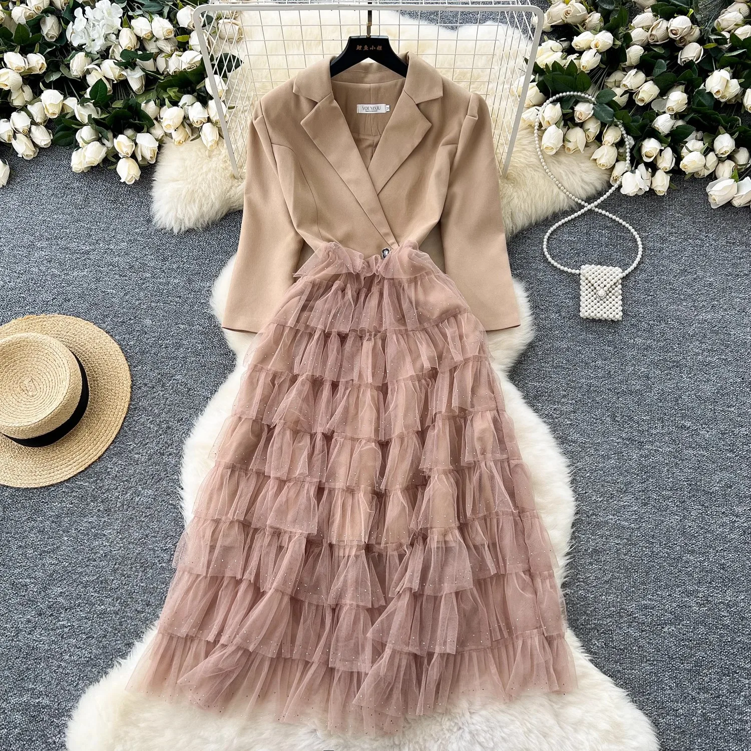 Autumn Mesh Patchwork Layers Ruffles Cake Midi Dress 2024 Elegant Women Notched Collar Buttons Fake Two Piece Party Clothes