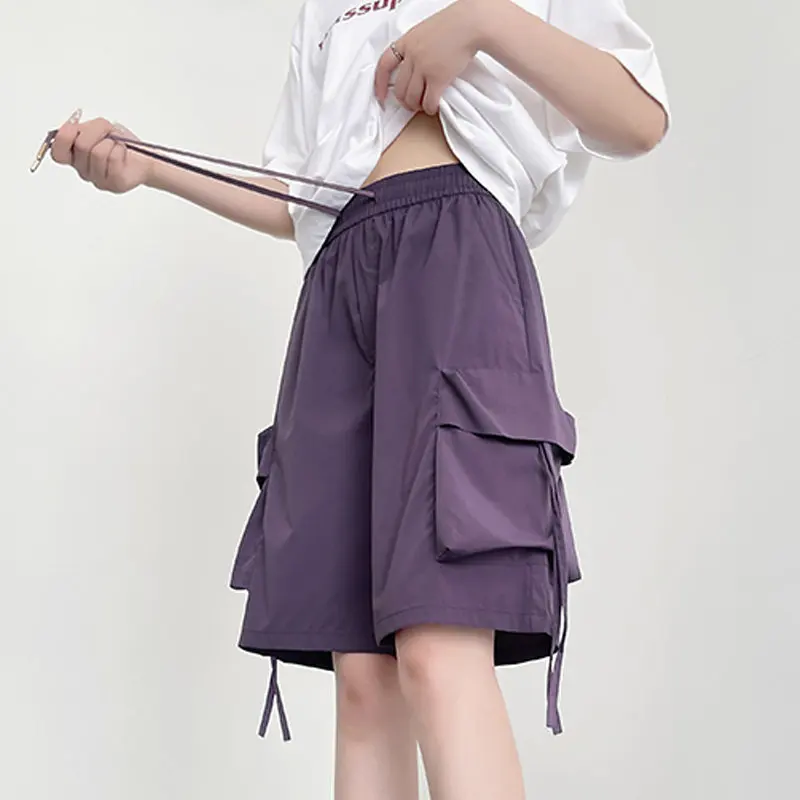 Purple Cargo Long Shorts for Women Summer High-Waist American Casual Sporty Quick Dry Petite Wide-Leg Knee-Length Shorts