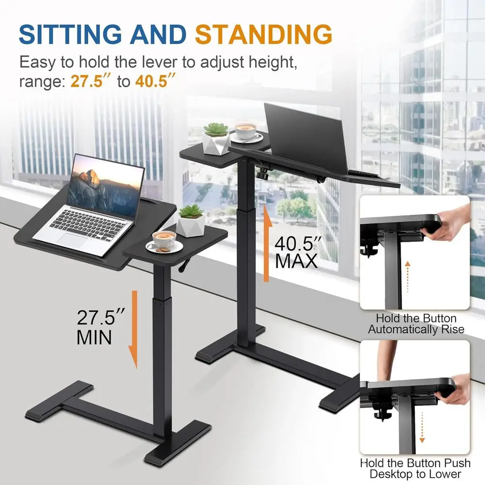 Мобильный столик из орехового дерева с пневматическим наклоном, столом для ноутбука и скрытыми колесами (черный)