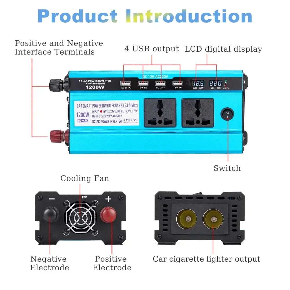 1200W Car Inverter Solar Double LCD Display 4USB Inverter Power Voltage Convertor Transformer DC48V To AC 220V