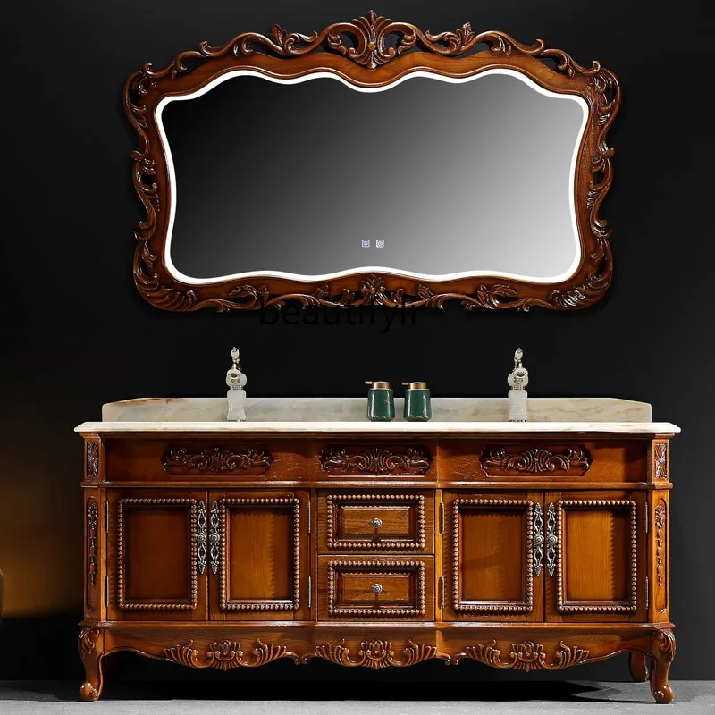 Double Basin North American Red Oak European Bathroom Cabinet High-End Natural Jade Countertop Washbasin Cabinet Combination