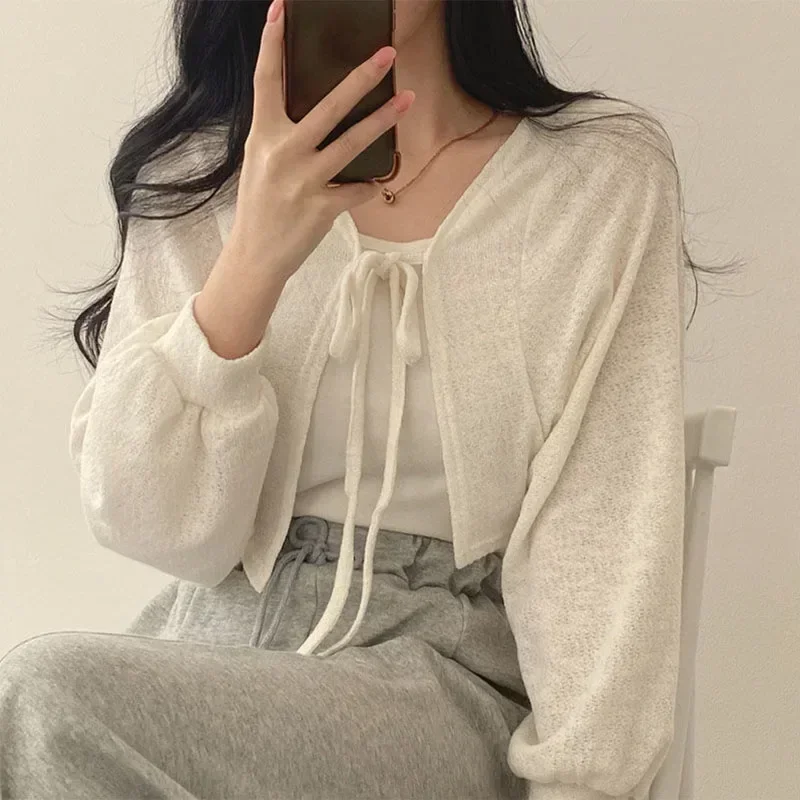 White Knitted Cardigan Women Fashion Thin Sunscreen Lace-Up Knitwear Tops Y2k Female Korean Style Lantern Sleeve Cropped Coat