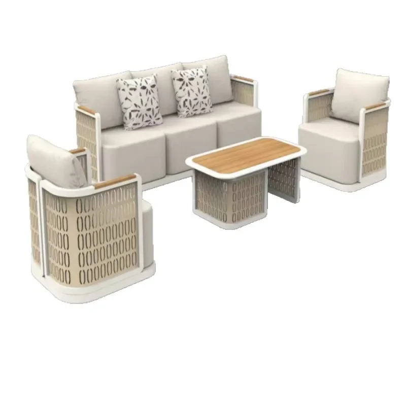 Aluminum Frame Outdoor Sofa Set with Anticorrosive Wood Table Garden Patio Courtyard Webbing Seating Furniture