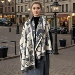 2024 New Women Winter Scarf Cashmere Pashmina Shawls and Wraps Bufandas Star Cat Print Warm Thick Scarves Blanket for Lady