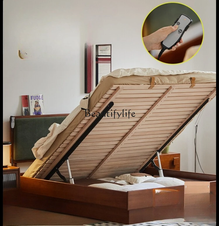 

Electric Box Bed All Solid Wood Suspension retro High Box Storage Storage Bed