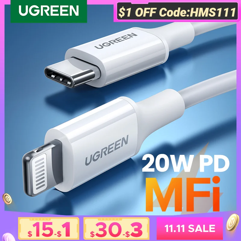 UGREEN MFi 20W PD USB C to Lightning Cable for iPhone 14 13 12 Pro Max Fast Charging for iPad Mini Phone Type C Cable