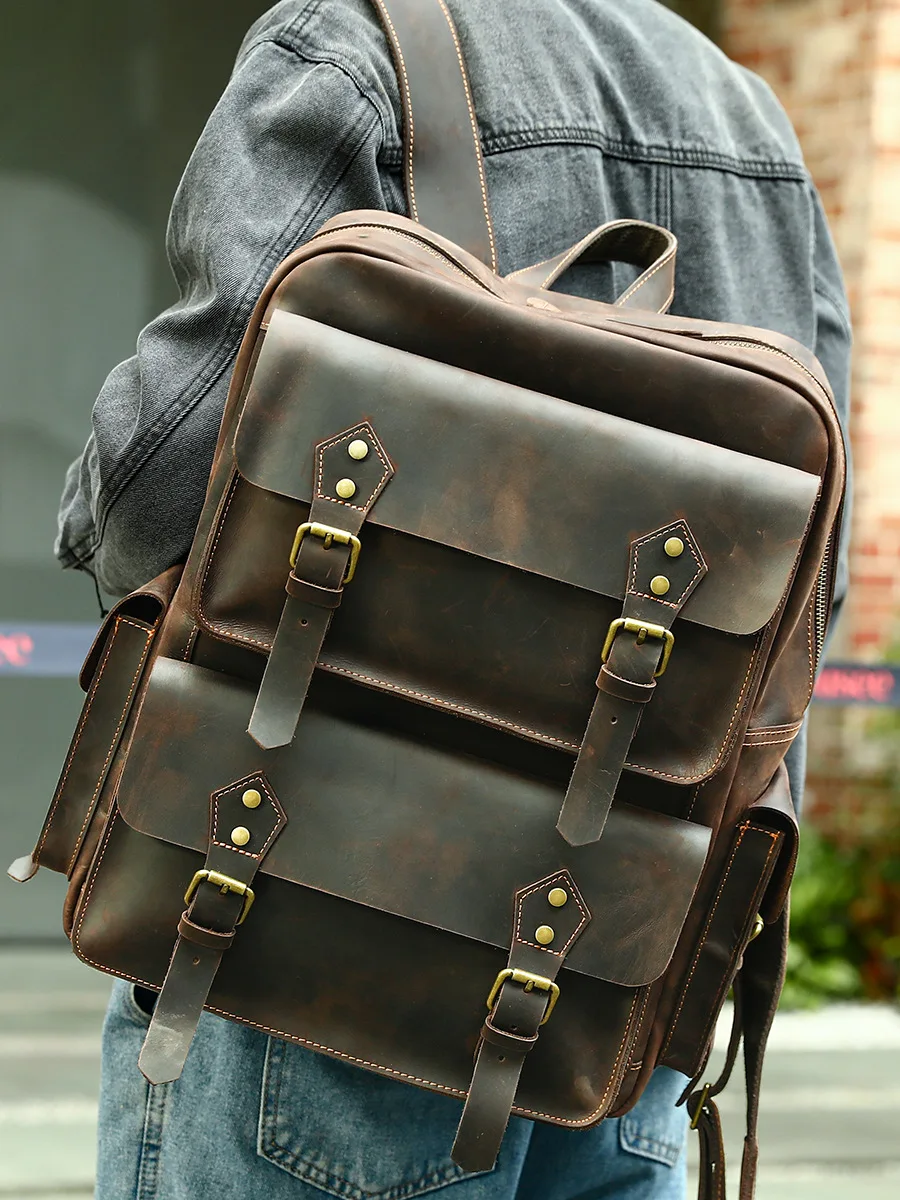 Vintage Genuine Leather Men's Backpack Travel Outdoor Casual Top Layer Cowhide Rucksack Large Capacity Business