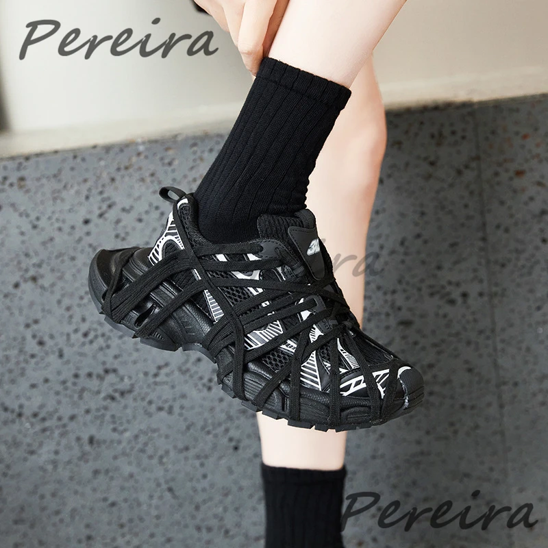 Mesh Thick Soled Casual Sneakers for Men Women Summer Breathable Lace Up Sports Shoes Trendy Cross Strap Outdoor Couple Shoes