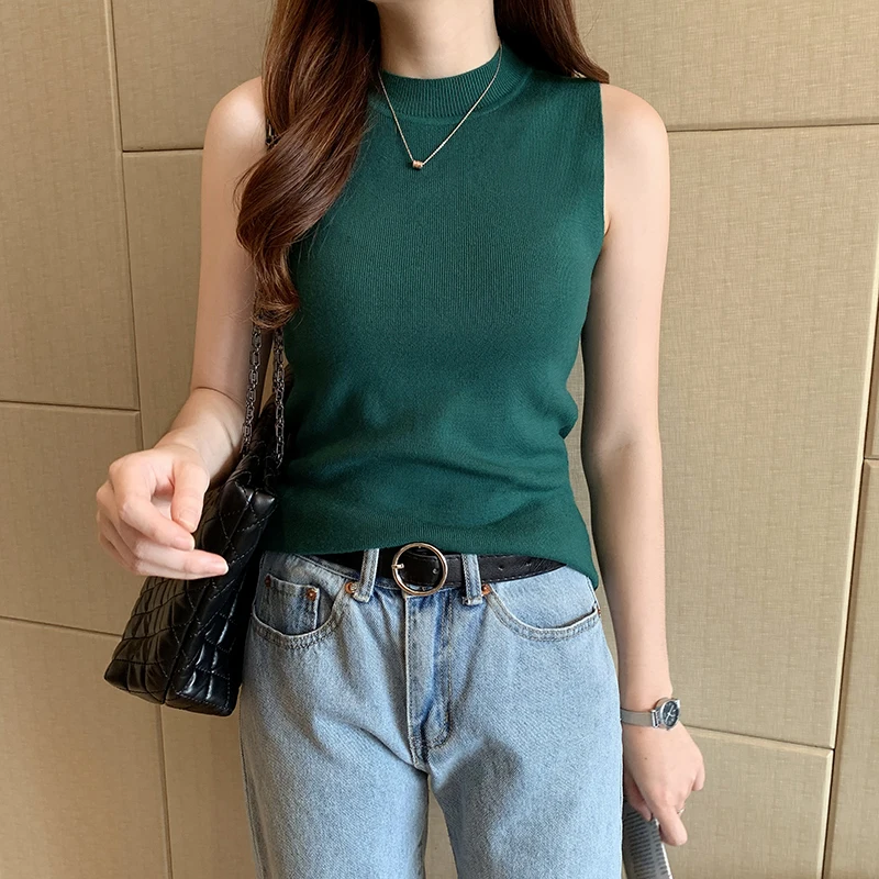 Blouses Top Femme Knit Blouse Women Blusas Mujer De Moda 2024 Verano Sleeveless Black White Knitted Blouse Shirt Tops Women E821