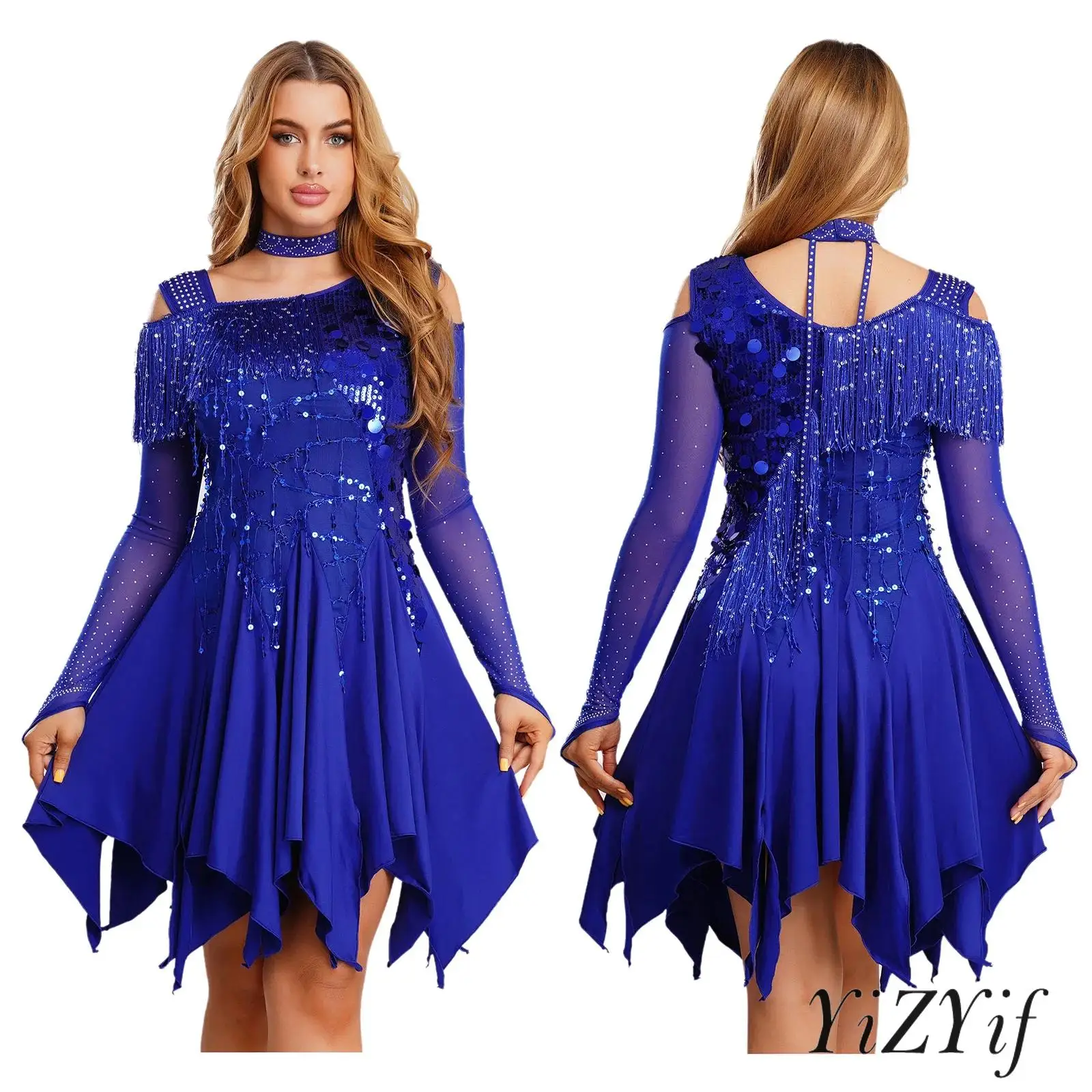 Vestido Latino de Rumba y Salsa para Mujer, con Lentejuelas, Borlas, Hombro Asimétrico, Manga Larga de Malla, Dobladillo Irregular, Ropa de Danza Moderna