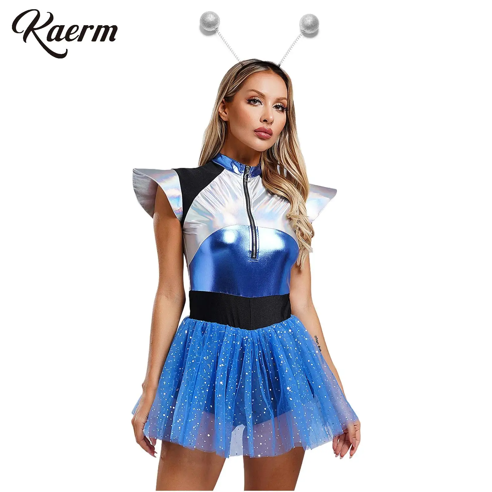 Women Halloween Alien Costume Flutter Sleeve Glossy Color Block Sequins Mesh Splicing A-line Dress with Alien Hairband Set