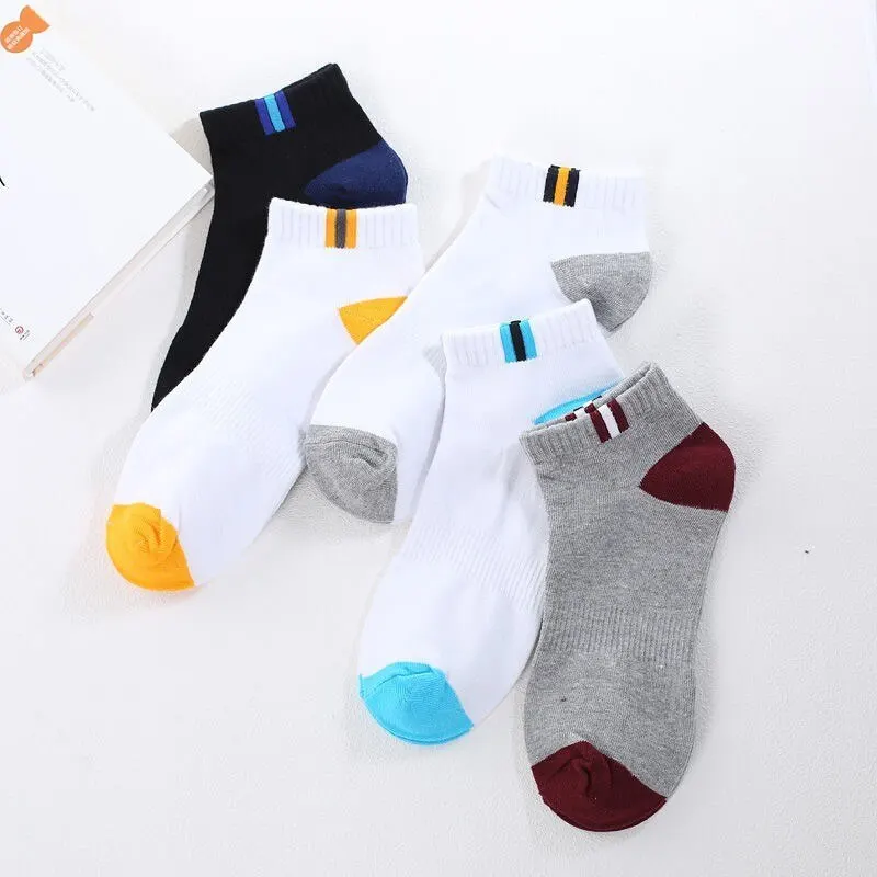 5 Pairs Mens White Bottom Colorful Ring Short Socks With Mesh Breathable and Sweat Wicking Low Tube Boat Socks