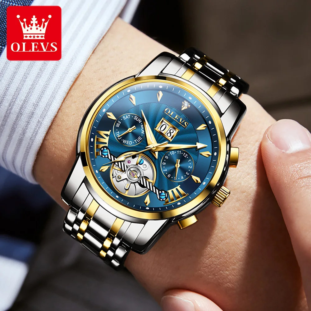 OLEVS 9965 Top Brand Men Watches Trend Fashion Automatic Mechanical Flywheel Watch for Man Waterproof Luminous Complete Calendar