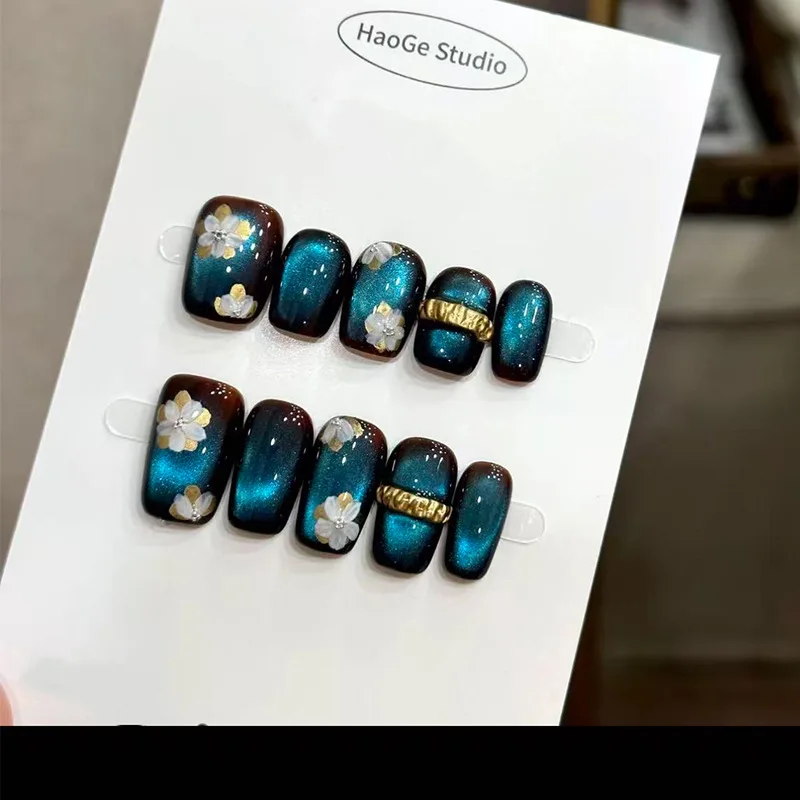 

10 шт., пресс для ногтей ручной работы, коричневый, золотой, цветок, синий, черный, кошачий глаз, ношение ручной работы, длинные и короткие отбеливающие ногти, усовершенствованные ногти