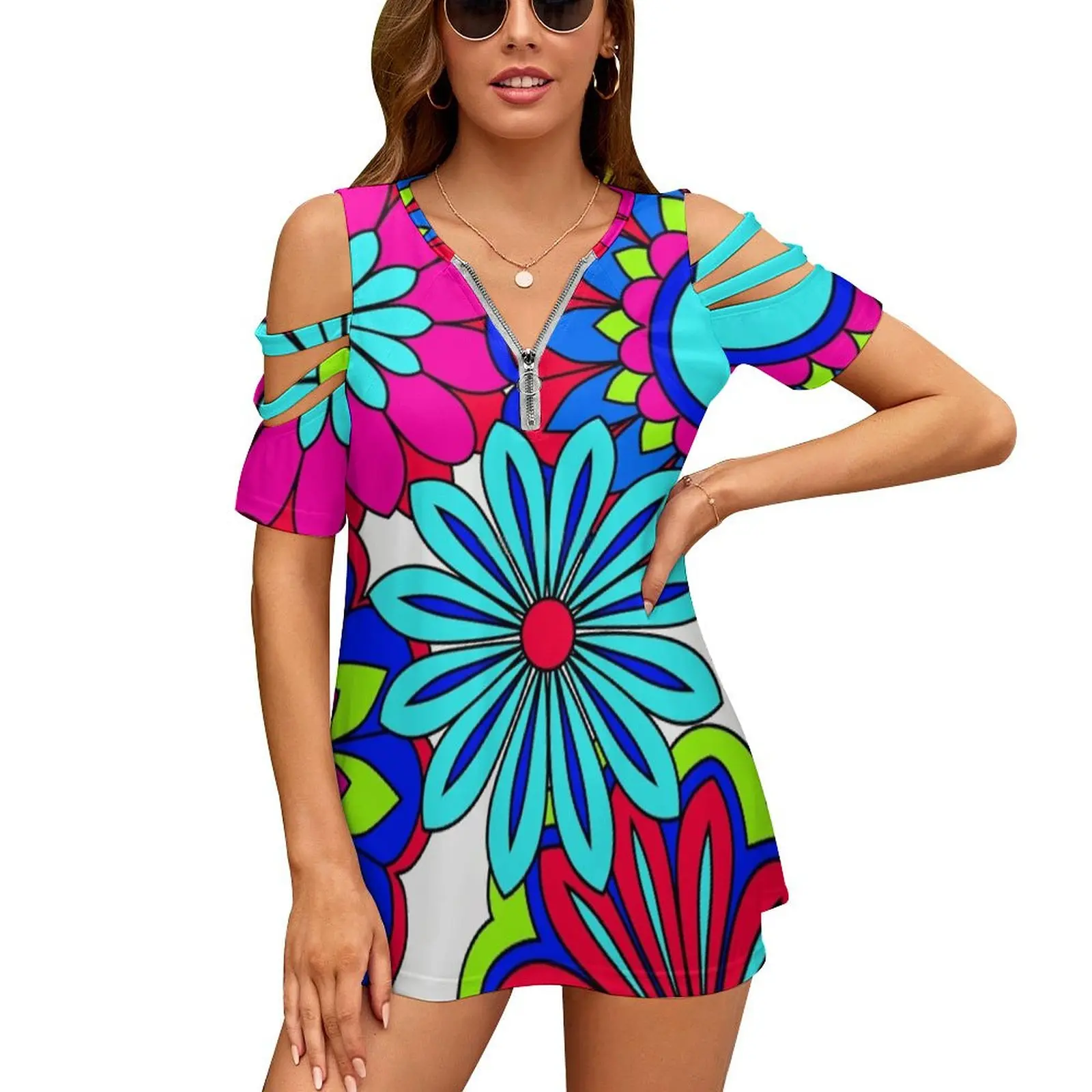 Pretty Petals Flower Power Pattern New Fashion Zip Off Shoulder Top Short-Sleeve Women Shirt Flower Power Hippy Hippie Swinging