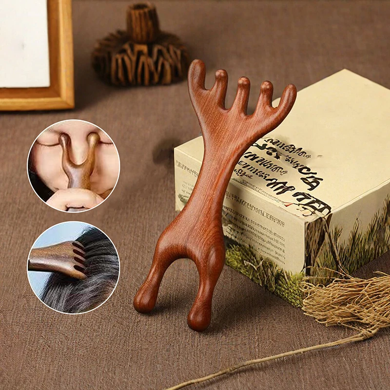 Body Meridian Massage Comb Sandalwood Deer Antlers Wide Tooth Acupuncture Help Blood Circulation Anti-static Smooth Hair